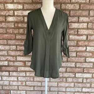 Lush Rolled Sleeve V Neckline Blouse - Olive Green - XS